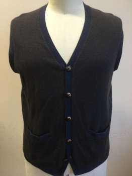 Mens, Sweater Vest, CREMIEUX, Navy Blue, Brown, Cotton, Herringbone, 44, XL, 5 Buttons, 2 Pockets, Navy Back and Edging Detail