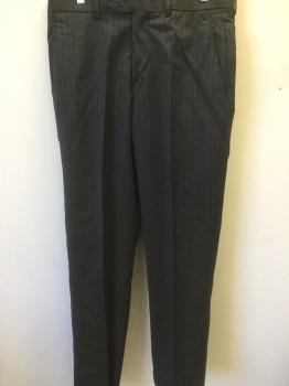 Mens, Suit, Pants, BROOKS BROTHERS, Charcoal Gray, Lt Gray, Wool, Stripes - Pin, 31, 32/, Flat Front, Slit Pockets, Creased Legs