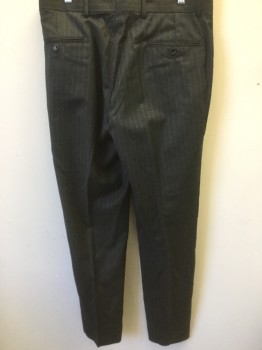 Mens, Suit, Pants, BROOKS BROTHERS, Charcoal Gray, Lt Gray, Wool, Stripes - Pin, 31, 32/, Flat Front, Slit Pockets, Creased Legs