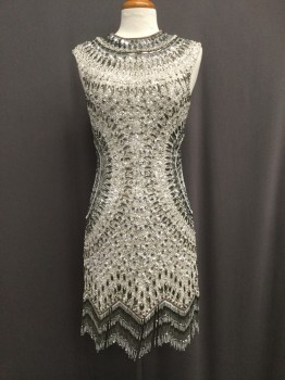 Womens, Cocktail Dress, NASTY GAL, White, Silver, Beaded, Sequins, Abstract , Geometric, S, Sleeveless, Beaded With Fringe At Hem, Back Zip, Crew Neck, Fully Lined,  Modern Flapper. Multiples,