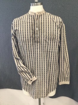Mens, Historical Fiction Shirt, SCULLY, Khaki Brown, Navy Blue, Cotton, Stripes, 16/35, Solid Collar Band in Khaki with Navy & Khaki Woven Stripe, Button Placet with Pewter Buttons, 1 Pocket, Aged, Solid Cotton Khaki Lower Back, Old West 1600-1900