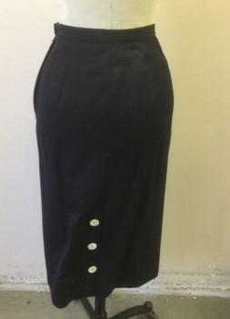 Womens, Skirt, Knee Length, VALENTINO, Navy Blue, Wool, Solid, W:24, Wool Gabardine, 1" Wide Self Waistband, Pencil Skirt, 3 Large Mother of Pearl Buttons at Center Back Hem, Zip Closure at Side Waist