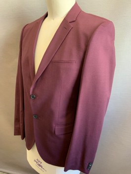 HUGO BOSS, Red Burgundy, Wool, Spandex, Solid, Single Breasted, Notched Lapel, 2 Buttons, 3 Pockets, Slim Fit