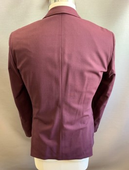 HUGO BOSS, Red Burgundy, Wool, Spandex, Solid, Single Breasted, Notched Lapel, 2 Buttons, 3 Pockets, Slim Fit