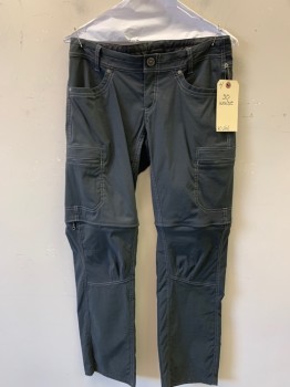 KUHL, Dk Gray, Nylon, Elastane, Solid, 6+ Pockets, Can Convert to Shorts, Zip Away, Mountain Pants, Zipper Cargo Pockets, Belt Loops,