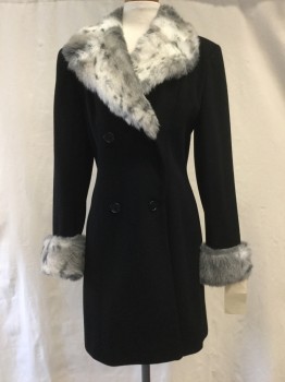CHARLES GRAY, Black, Wool, Faux Fur, Solid, White/gray Faux Fur Collar Attached & Cuffs, Double Breasted, 4 Buttons,