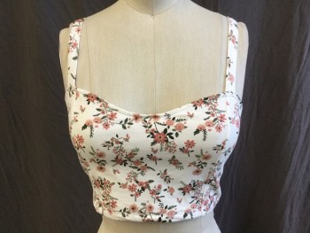 TWIK, Off White, Mauve Pink, Olive Green, Cotton, Spandex, Floral, Cropped Top, Sweet Heart Neckline, 1/2" Spaghetti Straps, 8 Thin Straps Cut-out Across Back,