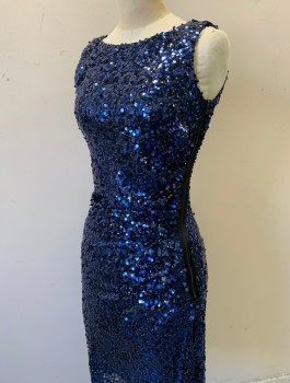 Womens, Cocktail Dress, DAVID MEISTER, Dk Blue, Metallic, Black, Sequins, Nylon, B 34, 2, W 28, Sleeveless, Black Net Covered in Metallic Navy Paillettes and Tiny Silver Sequins, Exposed Black Zipper at Side, Ruched at Side, Hem Above Knee, Asymmetric Hemline