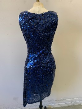 Womens, Cocktail Dress, DAVID MEISTER, Dk Blue, Metallic, Black, Sequins, Nylon, B 34, 2, W 28, Sleeveless, Black Net Covered in Metallic Navy Paillettes and Tiny Silver Sequins, Exposed Black Zipper at Side, Ruched at Side, Hem Above Knee, Asymmetric Hemline