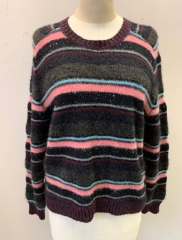 J BRAND, Black, Charcoal Gray, Pink, Lt Blue, Brown, Wool, Cashmere, Stripes, Ribbed Knit Crew Neck, Long Sleeves, Ribbed Knit Waistband/Cuff