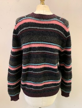 J BRAND, Black, Charcoal Gray, Pink, Lt Blue, Brown, Wool, Cashmere, Stripes, Ribbed Knit Crew Neck, Long Sleeves, Ribbed Knit Waistband/Cuff