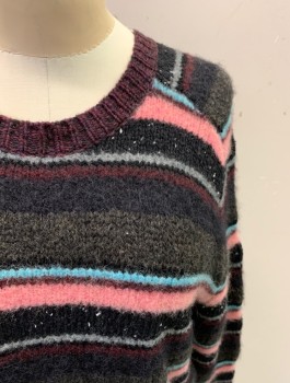 Womens, Pullover, J BRAND, Black, Charcoal Gray, Pink, Lt Blue, Brown, Wool, Cashmere, Stripes, XS, Ribbed Knit Crew Neck, Long Sleeves, Ribbed Knit Waistband/Cuff