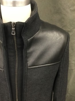 Mens, Coat, Overcoat, No Label/ FOX 63, Black, Charcoal Gray, Wool, Polyurethane, 36, Short, Zip Front, 4 Pockets, Long Sleeves, Tab Belt Attached Cuff, Ribbed Knit Undercuff, Solid Black Pleaterh Yoke, Stand Collar