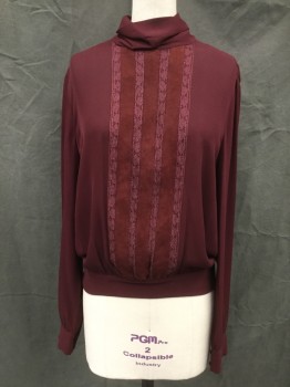 DKNY, Maroon Red, Silk, Solid, Pullover, Large Drape Collar, Button Back Neck with Bow, Keyhole Back Neck, Stripe Front with Lace and Solid Suede, Long Sleeves, Button Cuff, Gathered at Waistband
