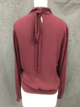 DKNY, Maroon Red, Silk, Solid, Pullover, Large Drape Collar, Button Back Neck with Bow, Keyhole Back Neck, Stripe Front with Lace and Solid Suede, Long Sleeves, Button Cuff, Gathered at Waistband