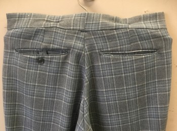 N/L, Slate Blue, Gray, Dove Gray, Polyester, Plaid, Flat Front, Slightly Boot Cut Leg, Button Tab Waist, Zip Fly, Slanted Front Pockets, 4 Pockets,
