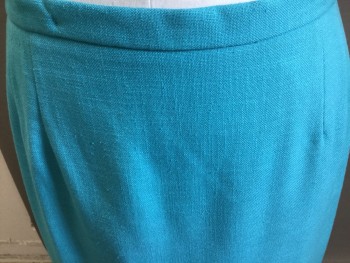 SIMON ELLIS, Turquoise Blue, Rayon, Polyester, Solid, Back Zipper, Elastic Waist, Back Slit, Below Knee Length