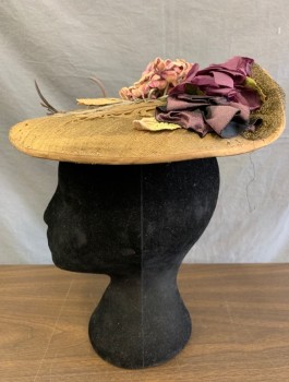 BERNANS AND NATHAN, Bronze Metallic, Aubergine Purple, Lavender Purple, Gray, Brown, Silk, Feathers, Solid, Floral, Hair Topper, Plate Shaped, Velvet Flowers and Leaves Netting and Feathers