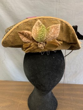 BERNANS AND NATHAN, Bronze Metallic, Aubergine Purple, Lavender Purple, Gray, Brown, Silk, Feathers, Solid, Floral, Hair Topper, Plate Shaped, Velvet Flowers and Leaves Netting and Feathers
