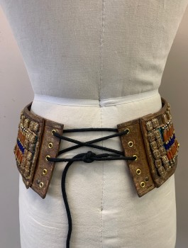 Unisex, Historical Fiction Belt, N/L MTO, Brown, Gold, Rust Orange, Teal Green, Royal Blue, Leather, Beaded, Geometric, W30-33, 4" Wide Waist, Leather Covered in Gold Metal and Multicolored Beads, Large Gold Winged Scarab Beetle at Center Front, Hanging Panel at Center Front Covered in Gold Metal Triangles with Colored Accents, Lace Up in Back, Made To Order
