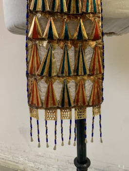 N/L MTO, Brown, Gold, Rust Orange, Teal Green, Royal Blue, Leather, Beaded, Geometric, 4" Wide Waist, Leather Covered in Gold Metal and Multicolored Beads, Large Gold Winged Scarab Beetle at Center Front, Hanging Panel at Center Front Covered in Gold Metal Triangles with Colored Accents, Lace Up in Back, Made To Order