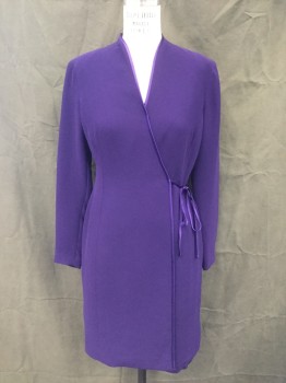 Womens, Dress, Long & 3/4 Sleeve, JONES NY, Purple, Polyester, Solid, 8, Crepe, Princess Seams, Satin Trim and Belt Attached at Side, Long Sleeves, Snap at Bust, Knee Length, Hidden Zip Center Back **Hem Coming Undone**