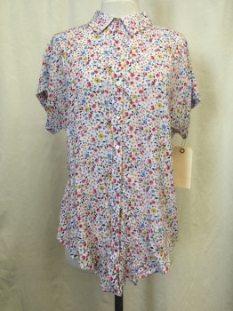 JANE & DELANCEY, White, Blue, Pink, Yellow, Rayon, Floral, Button Front, Collar Attached, Cap Sleeves,