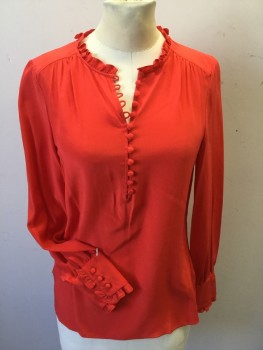 BODEN, Red, Silk, Solid, V-neck with Small Ruffle, Loop with Self Cover Button Front, Pull Over, Long Sleeves with 3 Self Cover Button Front & Matching Ruffle