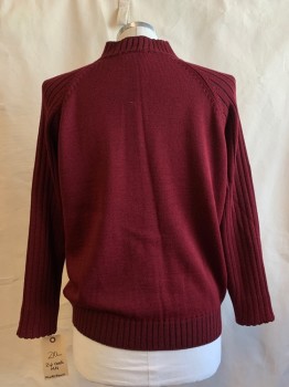 Mens, Cardigan Sweater, MONTECHAIRO, Red Burgundy, Wool, Acrylic, Solid, 2 XL, Zip Front, Ribbed Sleeves, Center Front & Trim, 2 Pockets, Double Lined Mock Neck