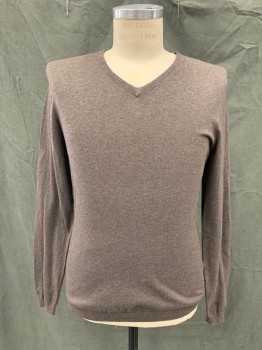 Mens, Pullover Sweater, SUITS SUPPLY, Brown, Cotton, Cashmere, Heathered, M, V-neck, Ribbed Knit Neck/Waistband/Cuff