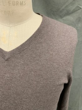 Mens, Pullover Sweater, SUITS SUPPLY, Brown, Cotton, Cashmere, Heathered, M, V-neck, Ribbed Knit Neck/Waistband/Cuff