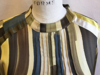 VERTIGO, Dk Brown, Mustard Yellow, Teal Blue, Beige, Lt Olive Grn, Silk, Spandex, Color Blocking, 1" Crew Neck with  Top Stitched Pleat Upper Front Center, Long Sleeves with 3 Self Cover Buttons on Cuff, 3" Waistband with Self Tie to the Right, Key Hole Back with 2 Self Cover Buttons