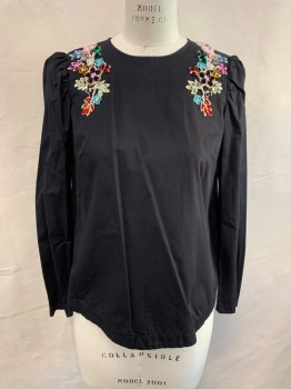 Womens, Blouse, H & M, Black, Red, White, Turquoise Blue, Purple, Cotton, Polyester, Solid, Floral, 10, Pullover, Crew Neck, Back Neck Opening, Long Sleeves,