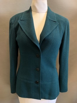 Womens, Suit, Jacket, CHANEL, Dk Teal, Wool, Nylon, Solid, B 38 , 10, W 28, Single Breasted, 1 Button, Peaked Lapel, Texture Weave