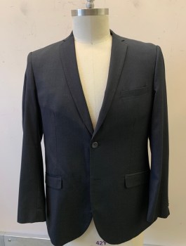 Mens, Suit, Jacket, TAZIO, Charcoal Gray, Wool, Polyester, Solid, 42R, 2 Button, Flap Pocket, Double Vent