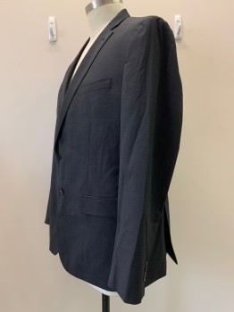 Mens, Suit, Jacket, JOSEPH ABBOUD, Black, Wool, Polyester, Solid, 46/33, 48L, 2 Buttons, Single Breasted, Notched Lapel, 3 Pockets,