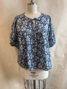 Womens, Top, OUTER<NOWN, Black, Multi-color, Cotton, Silk, Floral, L, V-N, L/S, Ties at Neck, Elastic Cuffs, Light and Dark Gray Floral Pattern