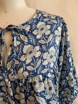 Womens, Top, OUTER<NOWN, Black, Multi-color, Cotton, Silk, Floral, L, V-N, L/S, Ties at Neck, Elastic Cuffs, Light and Dark Gray Floral Pattern