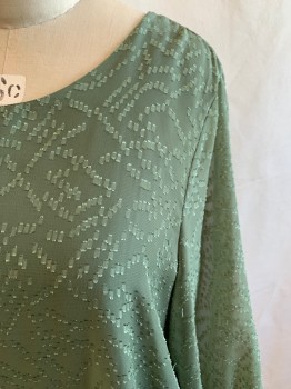 Womens, Top, ALYX, Dk Olive Grn, Polyester, Rayon, 2X, Abstract Rectangular Boucle Chiffon, Scoop Neck, 3/4 Sleeve with Elastic Cuff, Solid Knit Lining