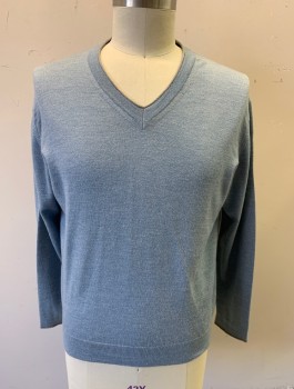 Mens, Pullover Sweater, TOSCANO, Slate Blue, Wool, Solid, L, Knit, V-neck, Long Sleeves, Gray Edging at Neck and Wrists