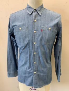 Mens, Casual Shirt, LEVI'S, Denim Blue, Cotton, Solid, L, Chambray, L/S, Button Front, Collar Attached, 1 Patch Pocket