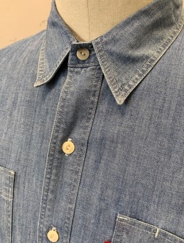 Mens, Casual Shirt, LEVI'S, Denim Blue, Cotton, Solid, L, Chambray, L/S, Button Front, Collar Attached, 1 Patch Pocket