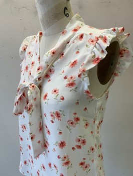 Womens, Blouse, SWEET RAIN, White, Coral Pink, Olive Green, Polyester, Floral, S, Crepe, Sleeveless, Self Ties at Neck, Ruffles at Arm Opening, Pullover