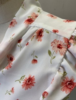 Womens, Blouse, SWEET RAIN, White, Coral Pink, Olive Green, Polyester, Floral, S, Crepe, Sleeveless, Self Ties at Neck, Ruffles at Arm Opening, Pullover
