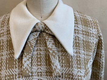 Womens, Dress, LADY CAROL, Lt Brown, White, Polyester, Plaid, W 28, B 38, Knit Plaid Matelasse, A-line, Long Sleeves, Self Bow Tie at Neck, Solid White Pointy Collar Attached, Solid White Turned Back Cuff, Back Zip