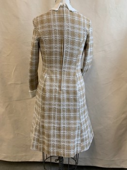 LADY CAROL, Lt Brown, White, Polyester, Plaid, Knit Plaid Matelasse, A-line, Long Sleeves, Self Bow Tie at Neck, Solid White Pointy Collar Attached, Solid White Turned Back Cuff, Back Zip