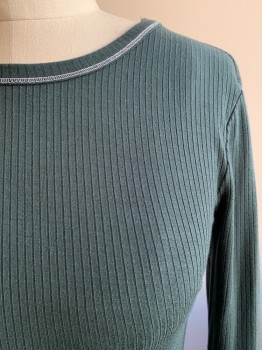 Womens, Top, FOREVER 21, Forest Green, Rayon, Spandex, Solid, S, CN, L/S, White Stitching, Ribbed
