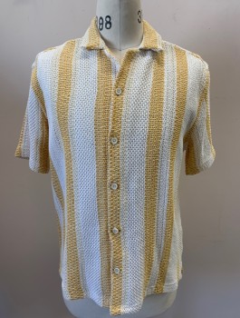 Mens, Casual Shirt, ZARA, Off White, Yellow, Cotton, Acrylic, Stripes - Vertical , M, Button Front, S/S, C.A., Open Weave