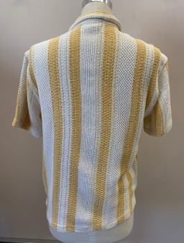 Mens, Casual Shirt, ZARA, Off White, Yellow, Cotton, Acrylic, Stripes - Vertical , M, Button Front, S/S, C.A., Open Weave