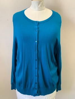 CHARTER CLUB, Turquoise Blue, Rayon, Nylon, Solid, Knit, Long Sleeves, Scoop Neck, Button Front